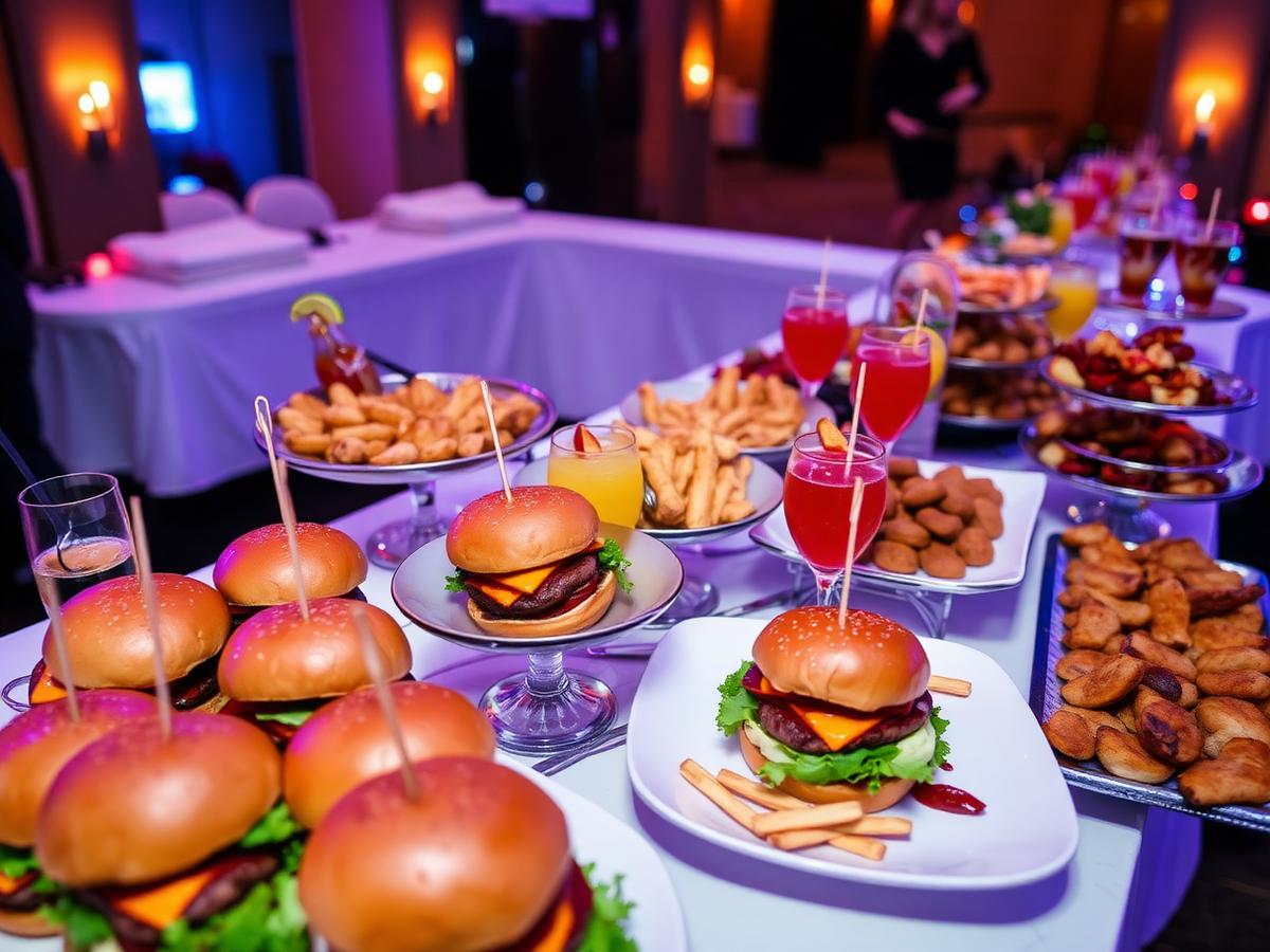 Mesa de catering com hambúrgueres, petiscos e drinks